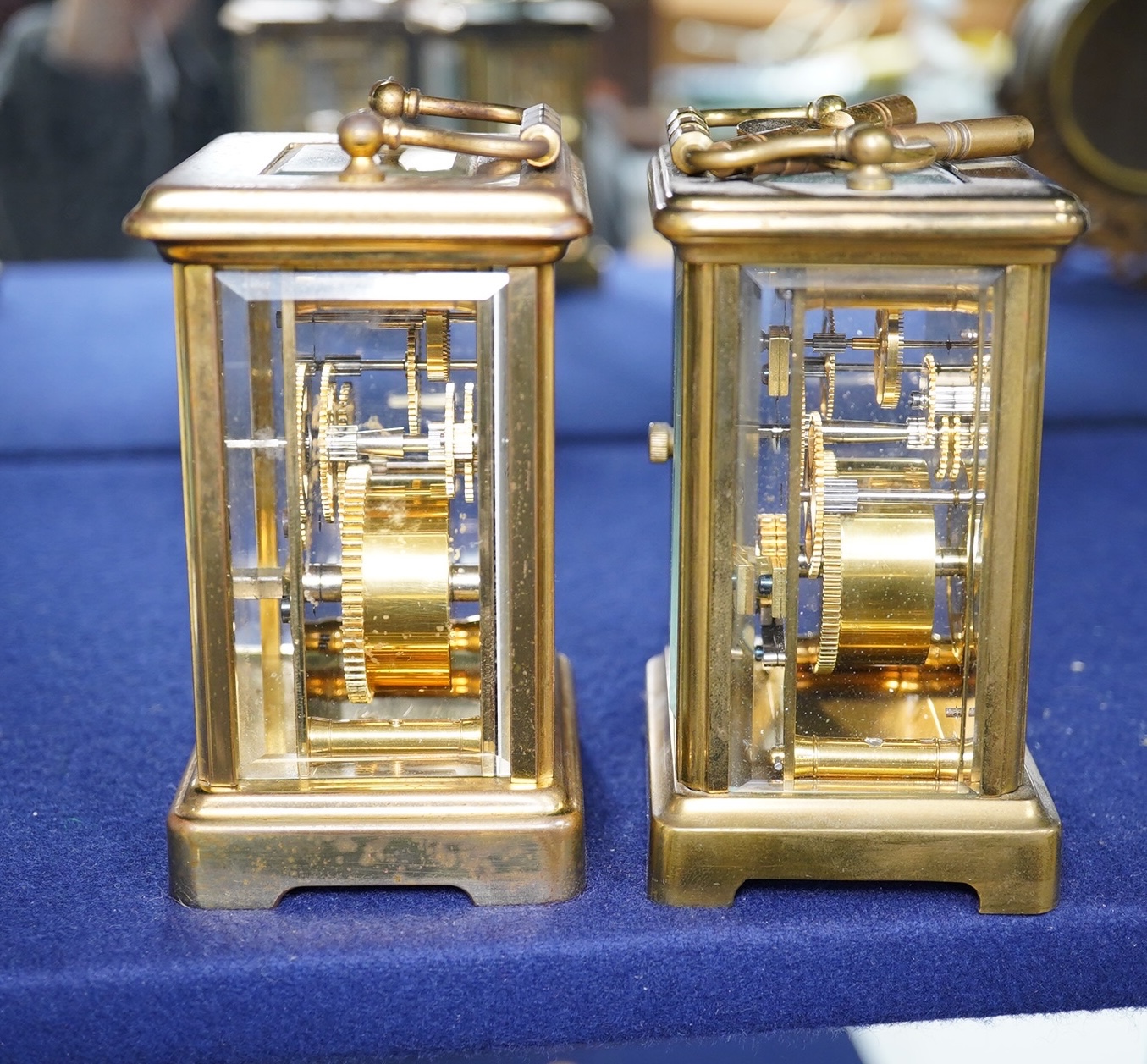 Two late 19th century French brass cased carriage timepieces, largest 11cm high. Condition - good, unchecked if working